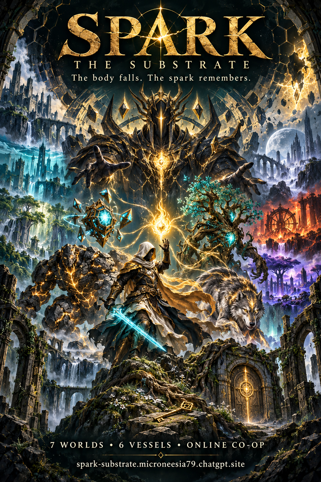 A golden spark links Human, Computer, Animal, Tree and Rock vessels beneath the Demiurge.